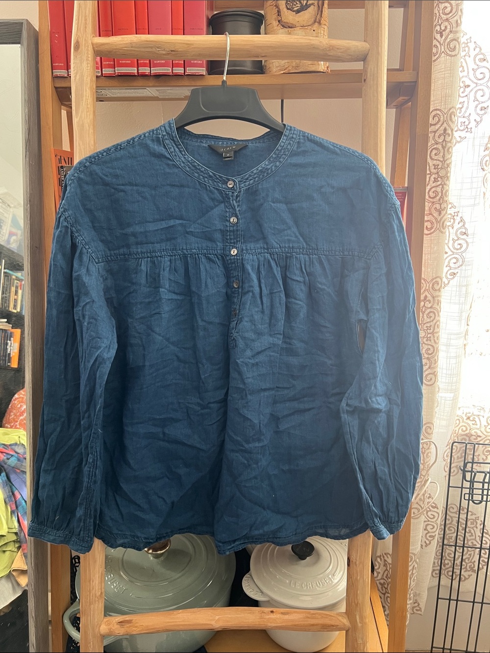 J. Crew Indigo Blue Peasant-Style Buttoned Blouse